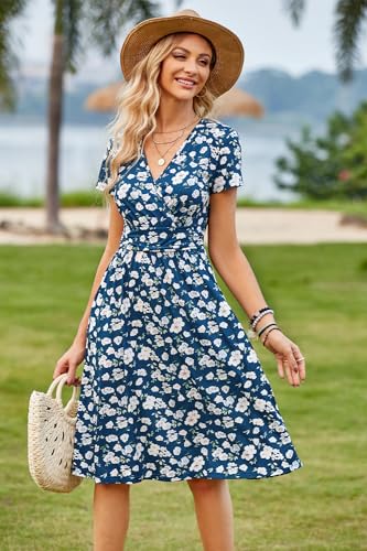 Image of Newshows Women's Pockets Wrap V Neck Floral Summer Vacation Casual Sundress | Wrinkle Free, Stretchy, Summer Beach Floral Sundress 2026, Casual Dress for Vacation, Guaduation, Side Pockets, A-line