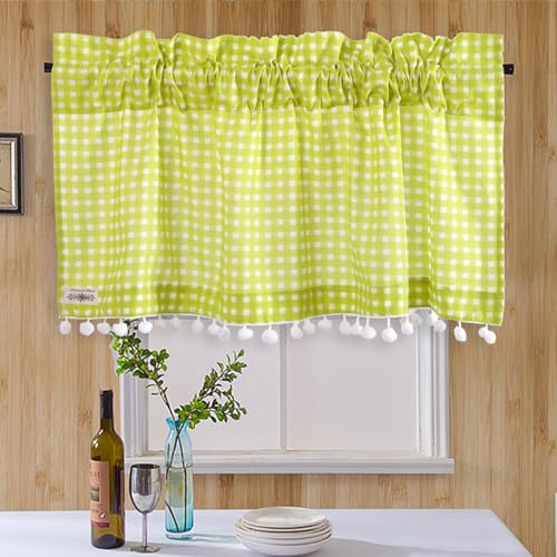 Image of Ravaiyaa - Attitude is everything Hand Printed Half Window Kitchen Curtain 100% Cotton Short Drapery Valance Curtain 40 inch X 18 inch Inch (Green Checked)
