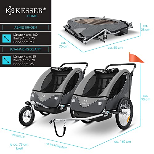 KESSER® Kinderanhänger Fahrradanhänger 360° Drehbar mit Federung 2in1 Joggerfunktion Kinderfahrradanhänger + 5-Punkt Gurt Jogger Fahrrad Anhänger für 1 bis 2 Kinder max. 40kg Inkl. Warnfahne Hellgrau