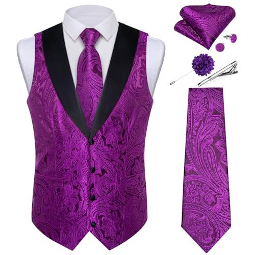 Image of DiBanGu Mens Paisley Suit Vest Silk Jacquard Waistcoat and Necktie Set Formal Shawl Collar Dress Vest 7PCS for Wedding Party