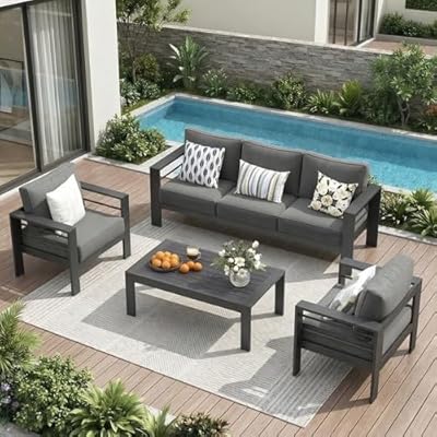 Solaste Aluminum Outdoor Patio Furniture Set, 5 Seats Patio Sectional Sofa with 5" Thick Cushion, Outdoor Patio Set with Coffee Table for Porch, Yard, Backyard, Deck, Grey