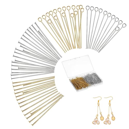Yuaiosn 800 Pièces 50mm Épingle à Oeil Aiguilles Tiges Clous Tête Ronde en Acier Inoxydable Argent Doré pour Accessoire Fabrication de Bijoux Artisanat
