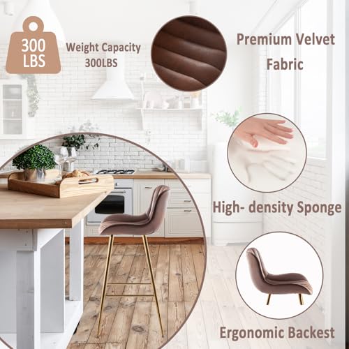 Image of Sidanli Velvet Bar Stools Set of 2, Armless Bar Chairs with Gold Metal Legs, 29inch Counter Height Kitchen Island Stools with Back, Brown