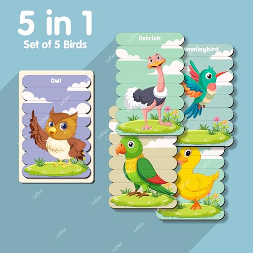 Image of Lefan 5-in-1 Wooden Bird Stick Puzzle - Animal Puzzle Sticks Set Kids Toys for 2-5 Years boy - Montessori Early Learning Toy Gift 3 4 5 6 7 8 Years Kids