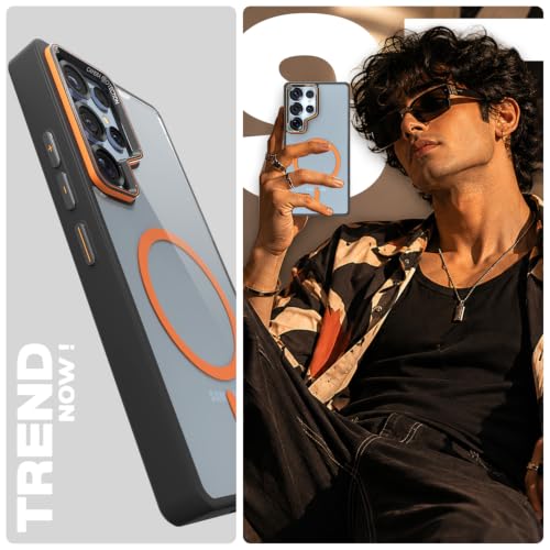Image of Pikkme Back Cover for Samsung Galaxy S25 Ultra 5G | Shockproof | Mag-Safe Compatible | Hard Transparent Back | Premium Raised Camera Protection | Bumper Case (Black & Orange Mag-Safe)