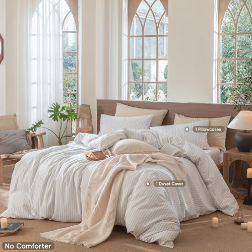 Image of MooMee Striped Duvet Cover Set 100% Washed Cotton Linen Like Twin | Relaxed Linen-like Texture. Soft, Breathable & Long-lasting Comfort. Lightweight. Hidden Zipper with 8 Interior Corner Ties