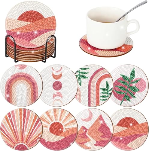 Dmiuhbl 8 pièces de sous-verres de peinture diamant avec support, kits de sous-verres de peinture diamant abstraite pour plantes, art en diamant DIY, fournitures artisanales pour débutants, adultes et