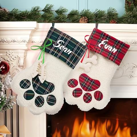 Youltar Personalized Christmas Stockings，17" Custom Christmas Stockings with Name，Pet Cat Dog Paw Christmas Stocking Xmas Stocking for Kids Family Fireplace Christmas Holiday Party Decoration 2PC Cover