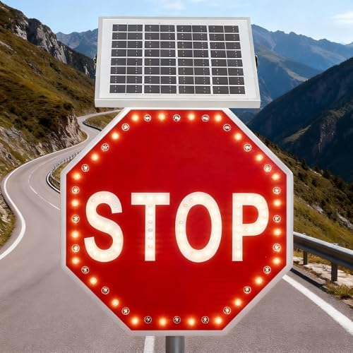 Solar-Powered LED Stop Sign - 24"/31" Aluminum Octagon Flashing Traffic Sign with 15W Panel & U-Clamp for Streets, Parking Lots, & Construction Safety