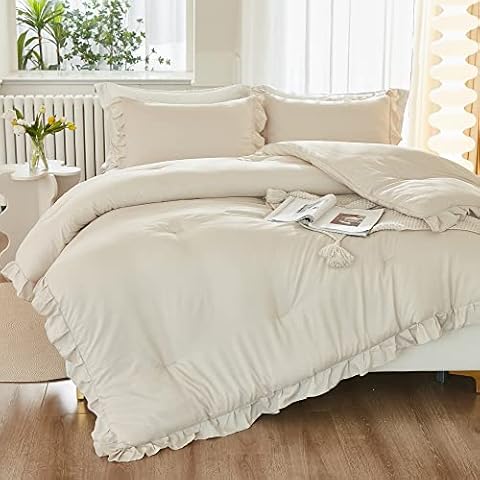 Litanika Comforter Full Size Set Beige, 3 Pieces Ruffle Lightweight Bedding Comforter Set, Fluffy Bed Set (79x90In Comforter, 2 Pillowcases) Cover