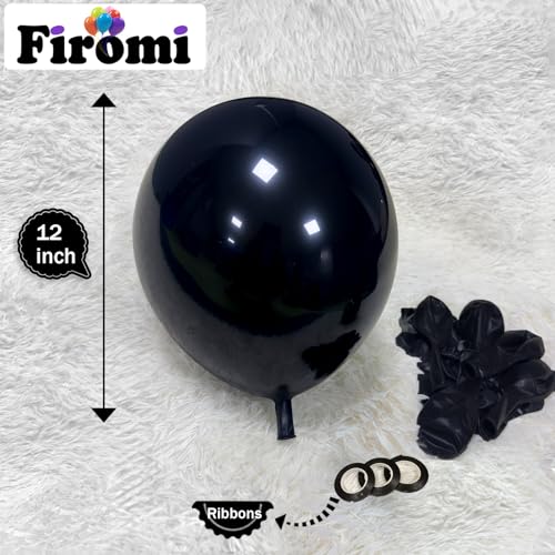 Image of Firomi Shiny Party Black Balloons 12-inch 100 Pack (with 3 Ribbons) | Metallic Thicken Big Helium Round Black Latex Balloon for Birthday Party
