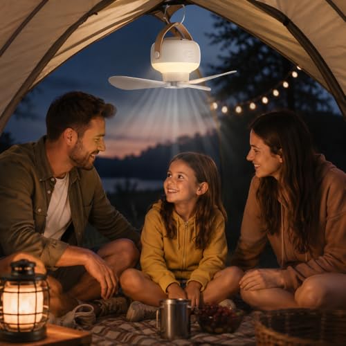 Image of Portable Ceiling Fan with LED Light and Remote Control | Rechargeable Table Fan for Home with Hanging Strap, Tripod Stand and Type C Charging for Travel