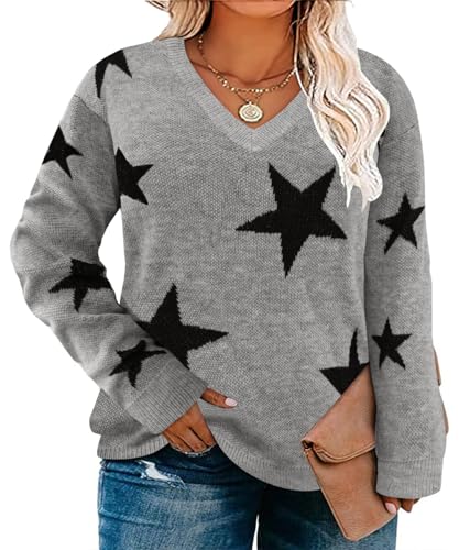 Image of RITERA Womens Plus Size Sweaters Star Long Sleeve Casual Patriotic Pullover Warm Jumper Knit Tops XL-5XL
