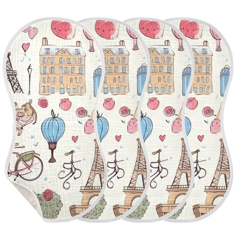 4 Pack Baby Burp Cloths, Soft Absorbent Burping Cloths for Babies, Cotton Milk Spit Up Rags, Large Size for Newborns, Baby Boys and Girls (Paris Eiffel Tower)