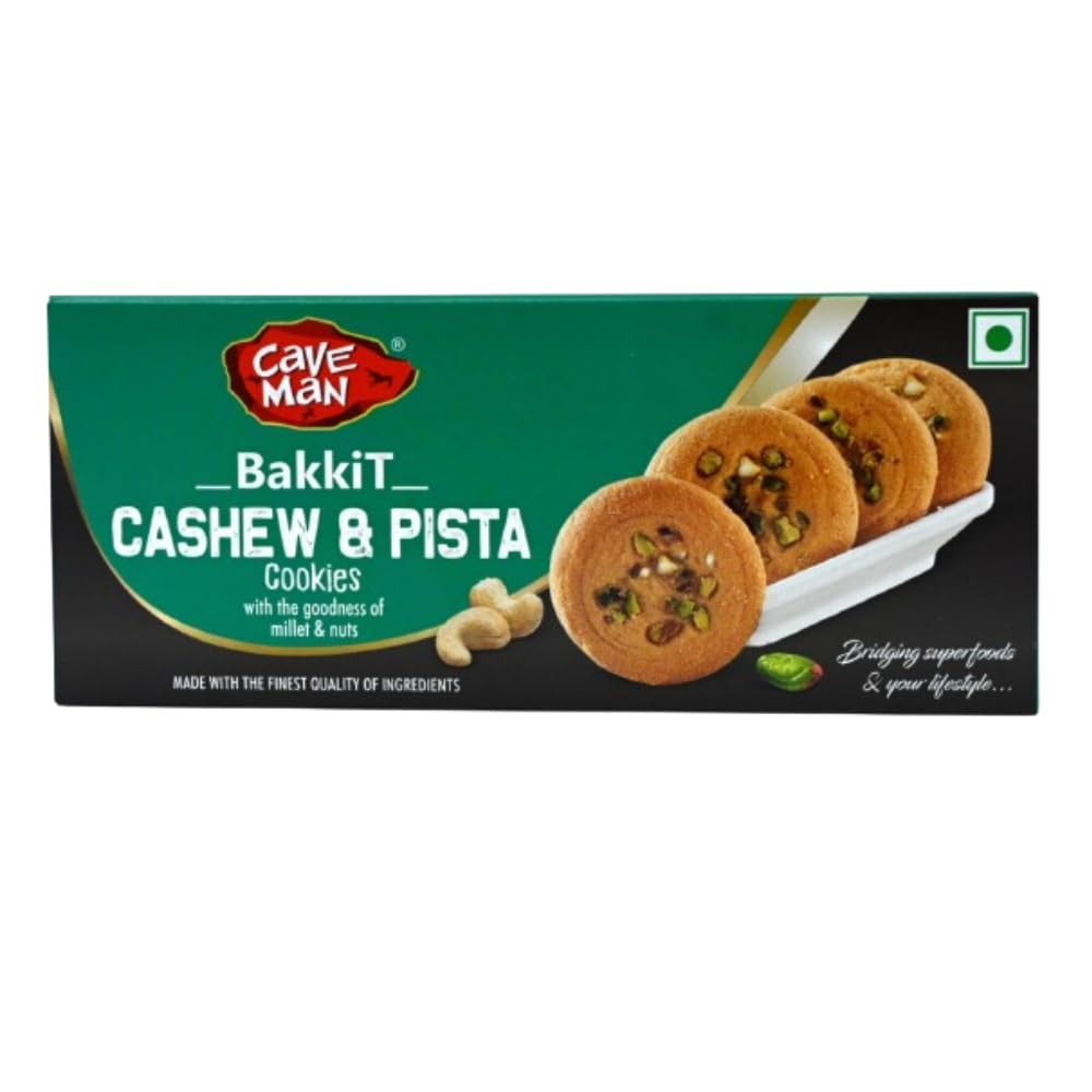 caveman bakkit cashew & pista cookies made with millet, cashew, pista, honey - pack of 5pcs x 60gm