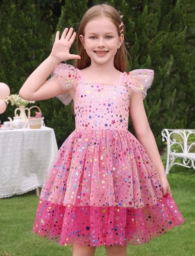 IMEKIS Toddler Kids Girls Sparkly Stars Dress Ruffle Sleeve Tulle Tutu Formal Birthday Party Dresses 1-6T3