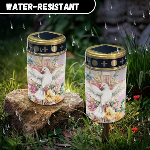 Image of Cemetery Lights for Grave, Pigeon Cross Floral Print Outdoor Flameless Candles Solar Powered Flameless Cemetery Solar Lights Dustproof Waterproof and Easy to Install
