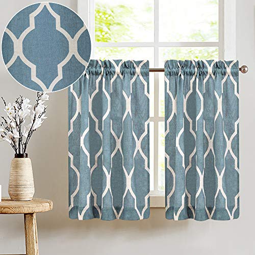 JINCHAN Kitchen Curtains 24 Inch Length Linen Textured Short Window Curtains Moroccan Tile Printed Cafe Curtains Lattice Geometry Privacy Half Window Curtains for Bathroom 1 Pair Blue on Beige