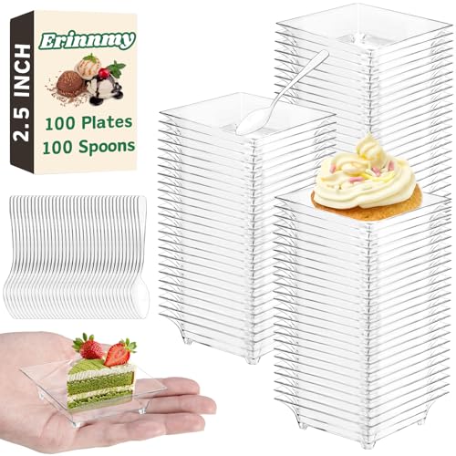 Erinnmy 100 Pcs Mini Dessert Plates with Spoons, 2.4 Inch, 1 Oz