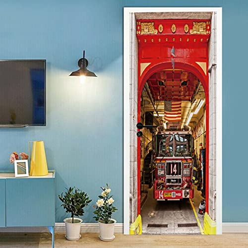 A.Monamour Sticker Porte Autocollant Poster De Porte 3D Vue Du Moteur 14 Des Pompiers De New York Vinyle Affiche De Porte Sticker Mural Papier Peint Art Décor...