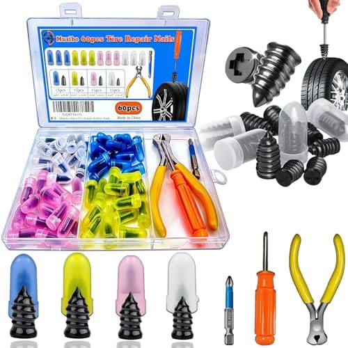60Pcs Tire Repair Rubber Nails Kit with 4 Sizes, Vacuum Tire Repa...