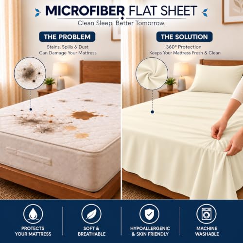 Image of Microfiber Queen Size Bedsheet with 2 Pillow Covers | Ultra Soft & Breathable Flat Sheet | Wrinkle-Resistant, Premium Comfort for Everyday Use |Size (90 inch x 102 inch) Ivory