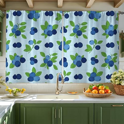 Blueberry Rideaux de cuisine botaniques décontractés et décontractés pour petit évier de camping-car, fenêtre étroite 106 x 114 cm