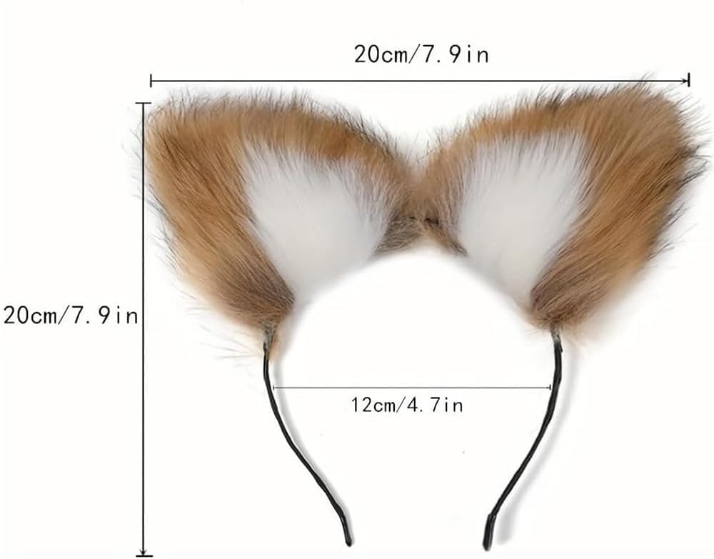 Ceciley Wolf Fox Furry Tail Plug and Ears Headband Animal Costume Fancy Dress Halloween Adjustable Faux Fur Tail and Ears (Camel) - Image 2