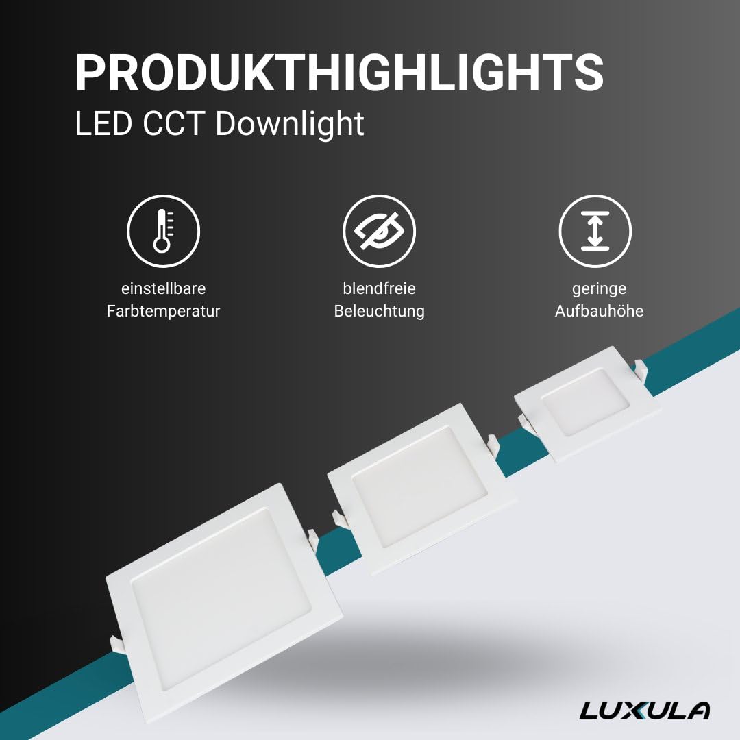 LUXULA 6x Einbaustrahler LED Spots 230V - Warmweiß Neutralweiß Kaltweiß einstellbar - 18W 1880lm CCT Deckenspots flach Deckenstrahler Spotlight - matt weiß eckig - 220x32mm