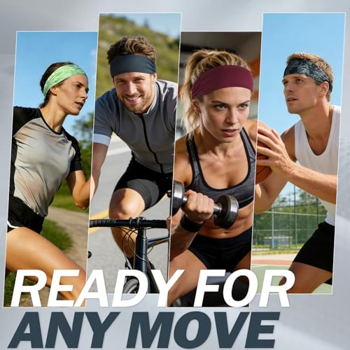 Image of ROCKTAKIN 5 Pack Running Headbands, Moisture Wicking Non-Slip Wide Elastic Sweatbands, Athletic Workout Sports Headbands for Men & Women, Running Cycling Basketball