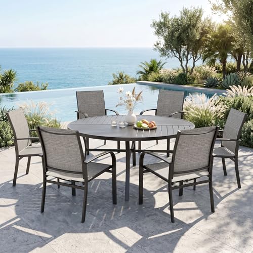 Image of MIXPATIO 7 Pieces Outdoor Table and Chairs, Patio Dining Set for 6, 54 inch Round Metal Table and 6 Brown Chairs, Outdoor Dining Furniture Set for Lawn Backyard Deck