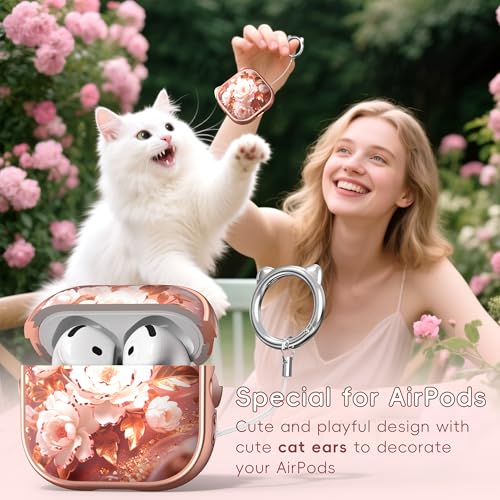 Image of for AirPods 4 Case with Cleaning Kit, Cute Cat Ear Print Design & Cute Buckle, Inverted Phone Holder Design, Top Safe Lock Buckle Design, for Girls AirPods 4 case 2024, Rose Gold Peony