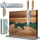 Magnetic Knife Block with Sharpening Stone and Stainless Steel Magnetic Knife Strip, Emojoy Double Side Magnetic Knife Holder, Acacia Wood Knife Block and Green Resin
