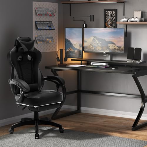 Sedia Gaming Ergonomica con Poggiapiedi, Livestreaming Girevole Poltrona Gamer con Poggiapiedi, Schienale & Sedile Grandi Comodo, Nero+Grigio - Sedia gaming - Immagine 1