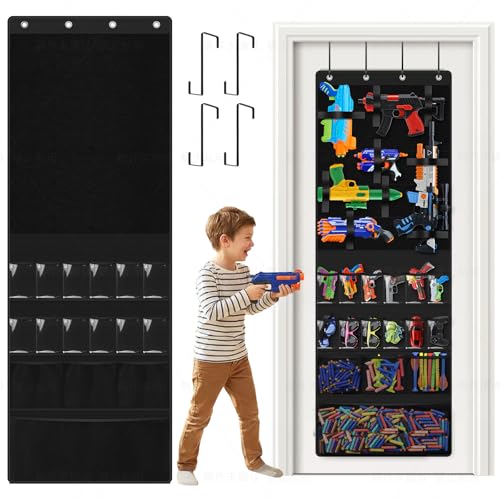 Nerf Gun Storage Over the Door Nerf Gun Organizer Hanging Organizer with 16 Pockets & 20 Adjustable Straps Over the Door Storage for Foam Blasters Darts Goggles Over the Door Organization