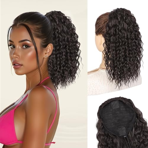 AISI BEAUTY Curly Drawstring Ponytail Extension for Women,14 Inch Natural Synthetic Ponytail Tail Hair Piece Clip in Ponytail Hair Extensions for Daily Party Use(Black Brown)