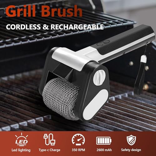 Pulitore elettrico per grill, spazzola elettrica per barbecue, senza setole, strumento ricaricabile senza fili, con rullo in acciaio inossidabile da 350 giri/min e luce LED