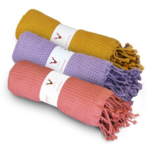 Image of Bath Towels - 100% Cotton Waffle Weave Large Size Towels (75 x 150cm) - Quick Absorption &Faster Drying Bath Towel for Women & Men (Pack of 3, Lilac & Brick & Mustard Yellow)