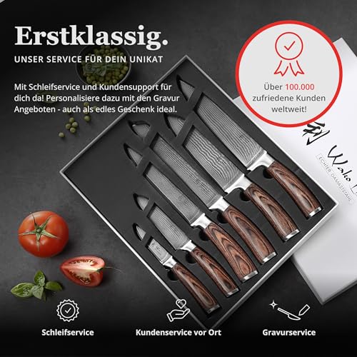 Foto von Wakoli EDIB 6er Damastmesser Set I Scharfes Küchenmesser Set aus 67 Lagen Damaststahl mit VG10 Kern & Pakkaholzgriff I Kochmesser Set in Geschenkbox I präzises Schneiden & langanhaltende Schärfe