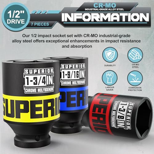 Image of 7 Piece 1 /2 inch Drive Impact Socket Set, 1-3 /8 inch - 1-3 /4 inch Axle Nut Socket, SAE, CR-MO, 6 Point, Large Equipment Maintenance, Home Repair, Car Repair and More