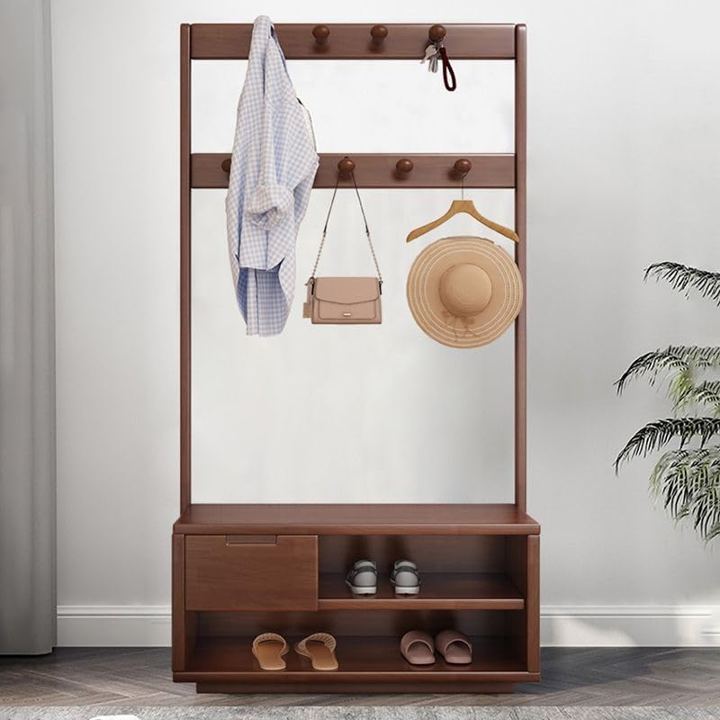 LITFAD 4-In-1 Coat Rack Solid Wooden Entryway Hall Tree with Shoe Bench 71 Inch Freestanding Clothing Rack with Hanging Hooks and Drawer for Hallway, Living Room, Bedroom-39.5"L x 14"W x 71"H,White