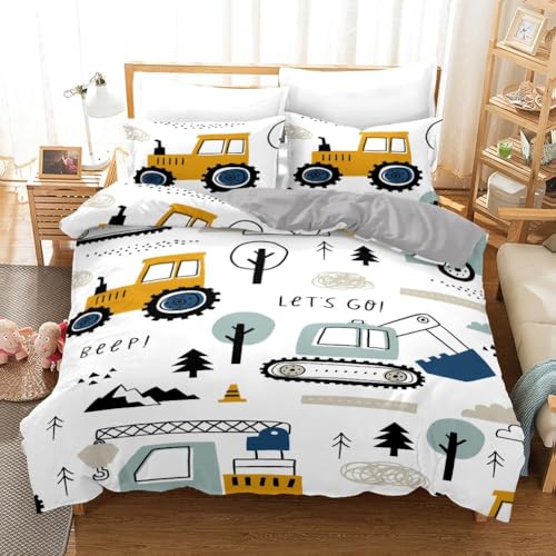 ZZXHG Housse de Couette 200x200 Adulte Enfant Voiture Grise de Dessin Animé Tracteur Parure de Lit 2 Personnes en Microfibre, Ensemble de Literie avec 1...