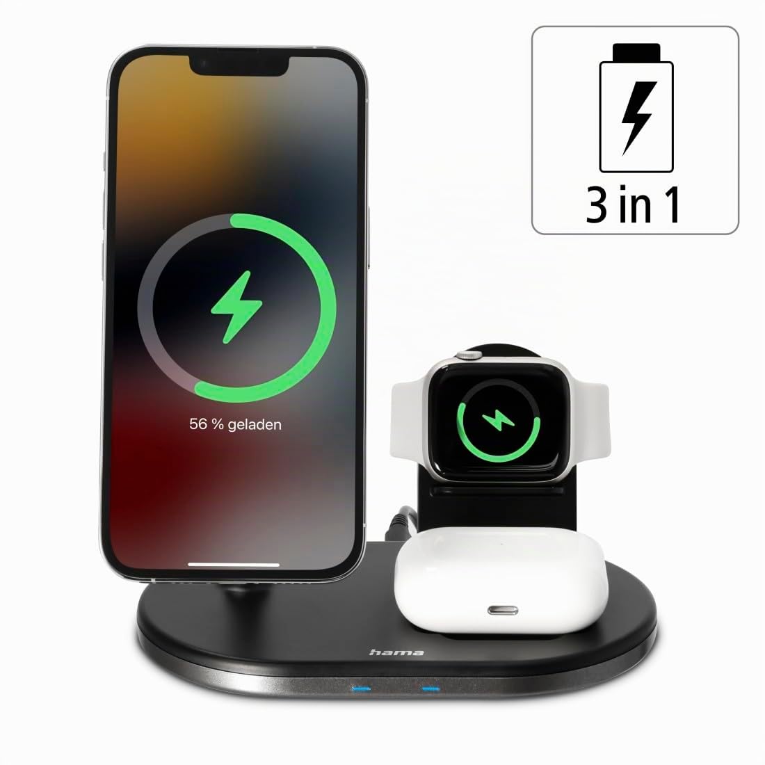 Hama MagCharge - Caricatore wireless per Apple iPhone, Apple AirPod, Apple Watch (stazione di ricarica induttiva con Quick Charge 15 W, ricarica wireless magnetica per Apple MagSafe e Hama MagLine)