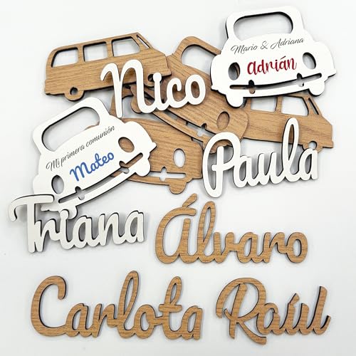 Marcasitios de Madera Personalizados. Nombres decorativos para bodas, comuniones y celebraciones Pack 5 unidades (Nombres blanco)
