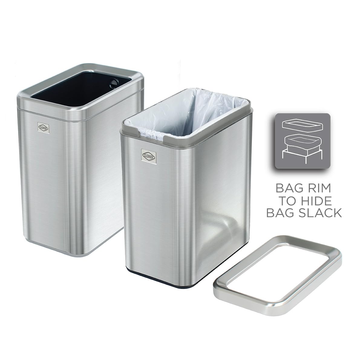 Clorox Cubo de basura delgado y abierto, cesta de basura pequeña de metal de 10 litros con cubo extraíble para espacios estrechos, cubo de basura de acero inoxidable para baño, dormitorio u oficina