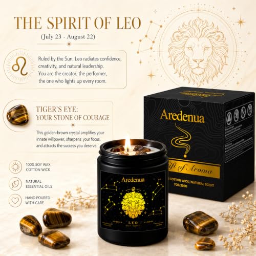 Image of Leo Zodiac Candles, Sunny Citrus Candle with Tiger's Eye Crystals | Astrology Leo Birthday Gifts for Women Men, Black Gift Box, 7 oz Soy Candle, 50 Hour Burn Time, Black Jar