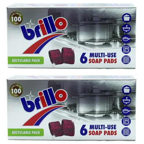 Brillo Multi-Use Soap Pads 12 Pack (2 x 6) Heavy-Duty Steel Wool Scrub Pads with Built-In Soap for Kitchen & Home Cleaning Cuts Grease & Grime (Recyclable Packaging)