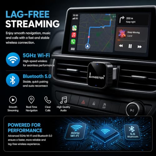 Image of KINGSTER 2-in-1 Wireless CarPlay Adapter & Android Auto Adapter | Convert Wired to Wireless | Bluetooth 5.0 + WiFi | Plug & Play | Fast Auto Reconnect (AutoLink Pro)