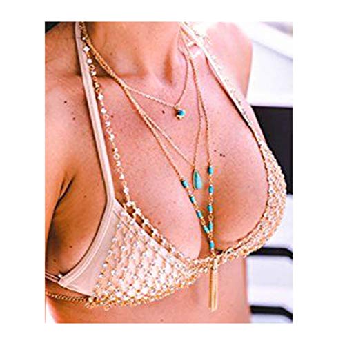 Yokawe Boho Layered Necklace Gold Turquoise Pendant Chain Tassel Multilayered Necklaces Choker Jewelry for Women and Girls (Gold)