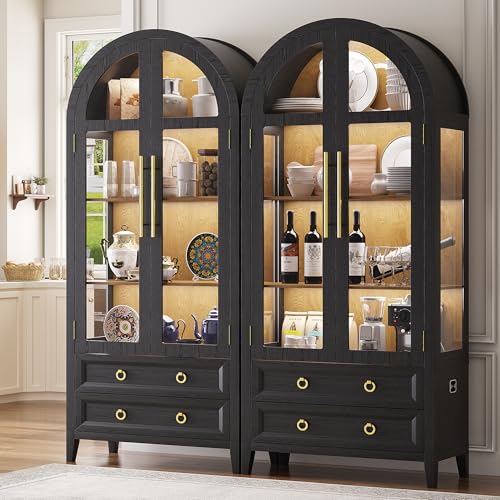 Image of LVSOMT 71 inch Arched Display Cabinet with Glass Doors and Lights, Black Wood